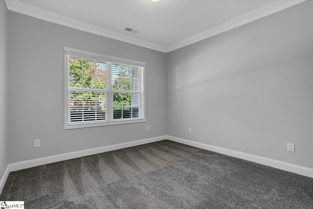 spare room featuring ornamental molding and carpet flooring