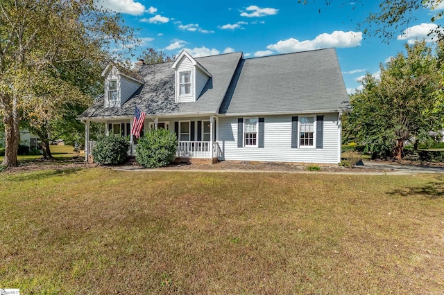 cape cod house with a porch and a front lawn