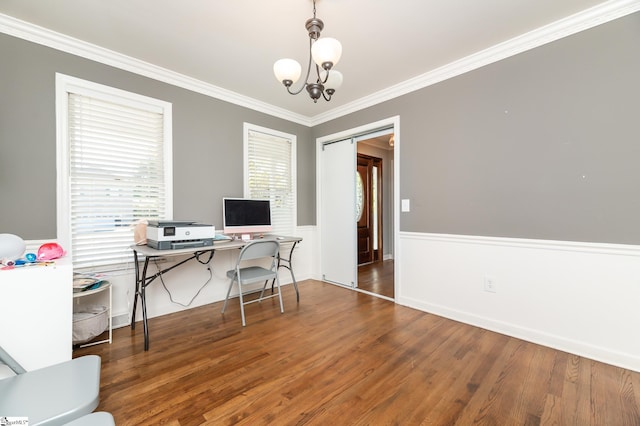 office with a notable chandelier, ornamental molding, and wood-type flooring