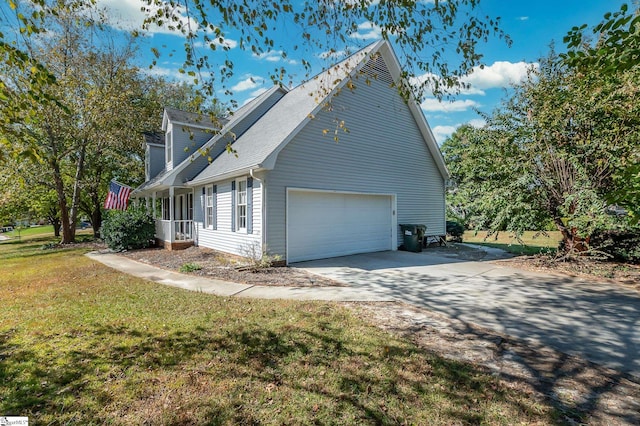 view of property exterior featuring a garage and a lawn