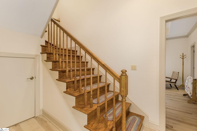 staircase with wood-type flooring