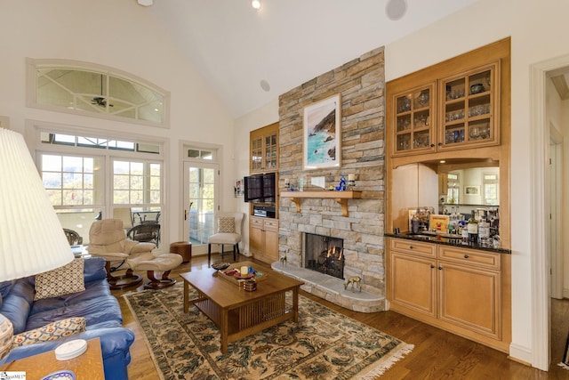 living room with a stone fireplace, dark hardwood / wood-style floors, and high vaulted ceiling