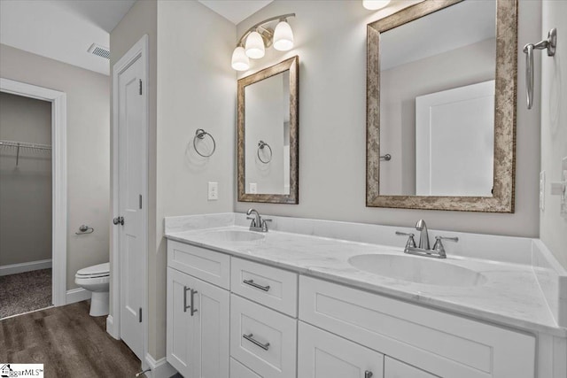 bathroom featuring vanity, toilet, and wood-type flooring