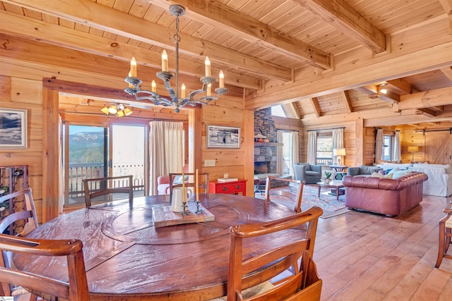 dining space with wooden ceiling, a fireplace, light hardwood / wood-style floors, a notable chandelier, and wooden walls