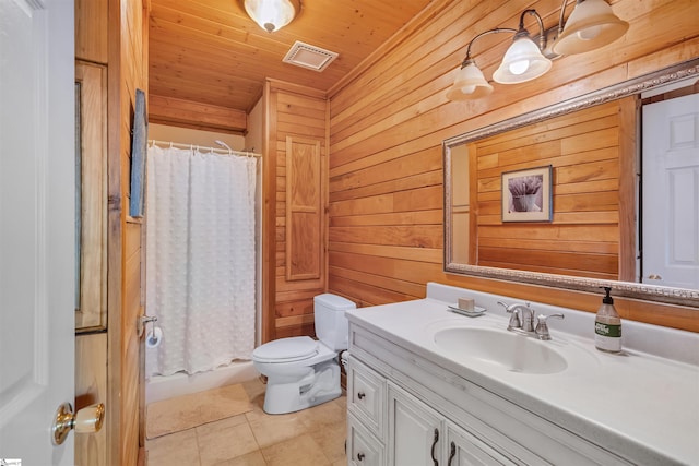 full bathroom with wood ceiling, toilet, tile patterned floors, vanity, and shower / bathtub combination with curtain