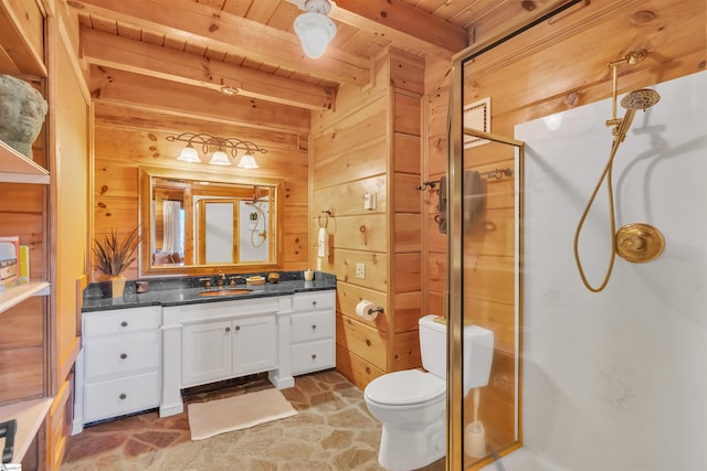 bathroom featuring wood ceiling, toilet, beam ceiling, vanity, and an enclosed shower