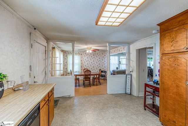 kitchen with crown molding, a textured ceiling, dishwasher, and ceiling fan