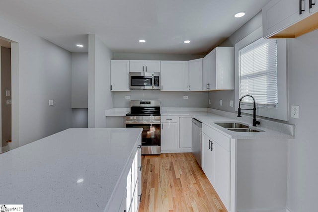 kitchen featuring appliances with stainless steel finishes, white cabinetry, sink, and light wood-type flooring