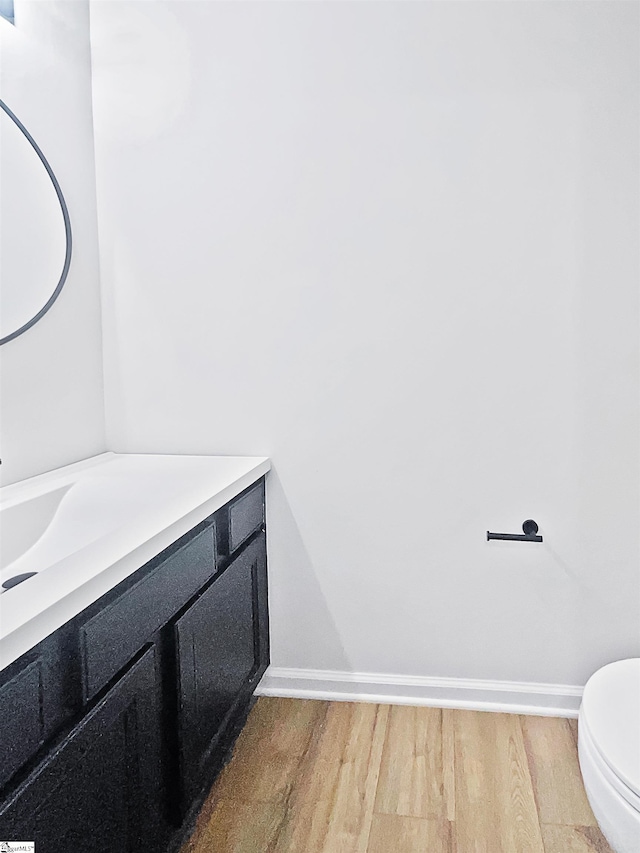 bathroom featuring toilet, vanity, and wood-type flooring