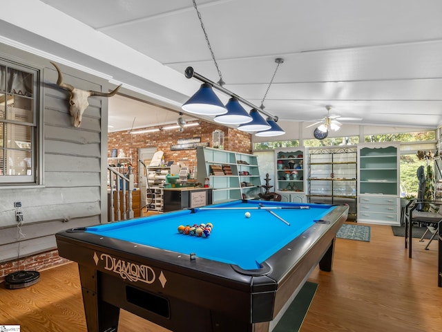 248 Greengate Ln, Spartanburg, SC 29307 - game room featuring wood finished floors, a ceiling fan, billiards, and brick wall