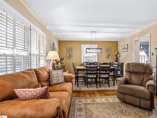 living room featuring ornamental molding, hardwood / wood-style flooring, an inviting chandelier, and plenty of natural light