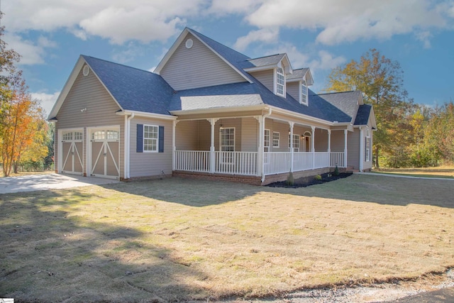 view of front of home with a front yard, covered porch, and a garage