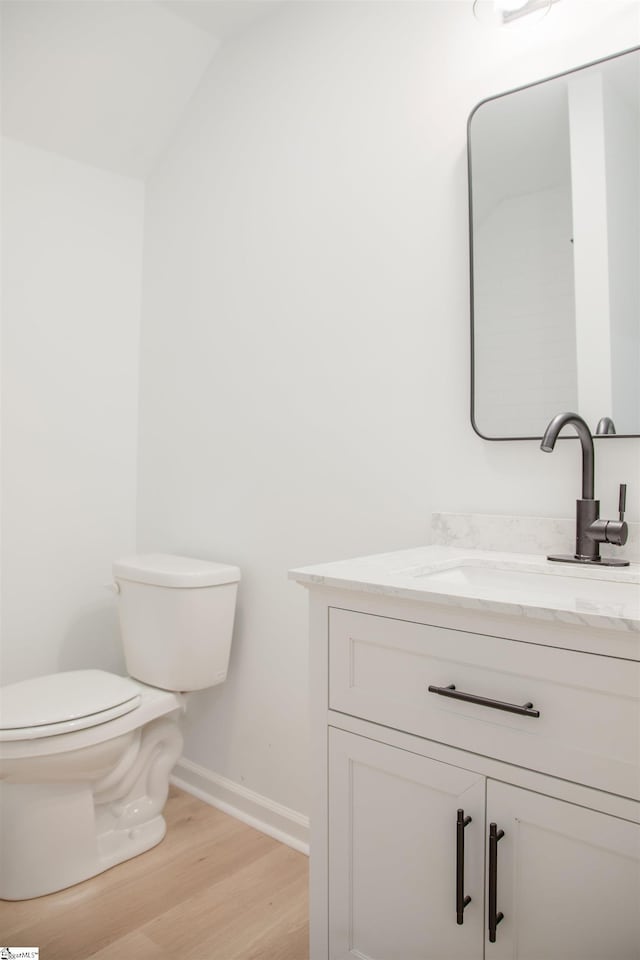 bathroom featuring vanity, vaulted ceiling, wood-type flooring, and toilet