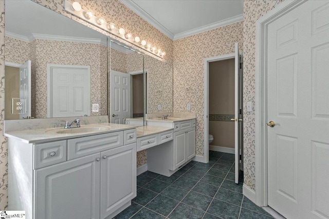 bathroom with vanity, crown molding, toilet, and tile patterned floors