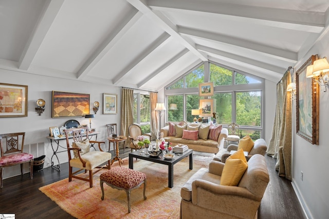 living room featuring dark wood-type flooring and lofted ceiling with beams