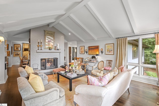 living room featuring dark hardwood / wood-style flooring, vaulted ceiling with beams, and a brick fireplace