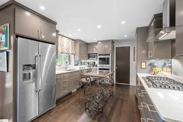 kitchen featuring appliances with stainless steel finishes, sink, wall chimney range hood, and dark hardwood / wood-style flooring