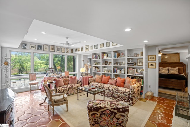 living room featuring ceiling fan