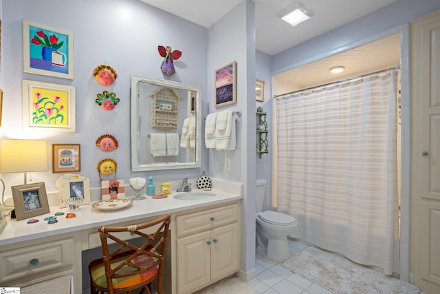 bathroom with vanity, a shower with shower curtain, toilet, and tile patterned flooring