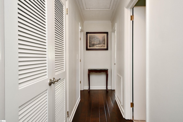 hallway featuring dark wood-type flooring and ornamental molding