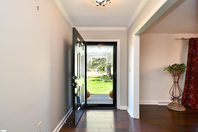 foyer featuring crown molding and dark hardwood / wood-style floors