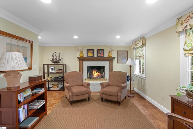 sitting room featuring ornamental molding, light parquet floors, and a brick fireplace