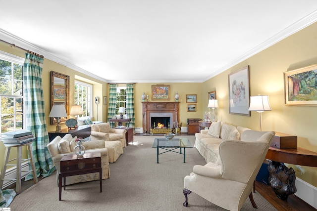 living room featuring crown molding