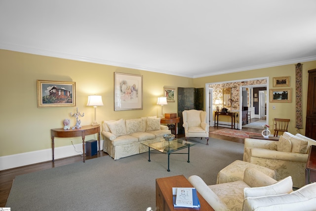 living room featuring ornamental molding and hardwood / wood-style floors