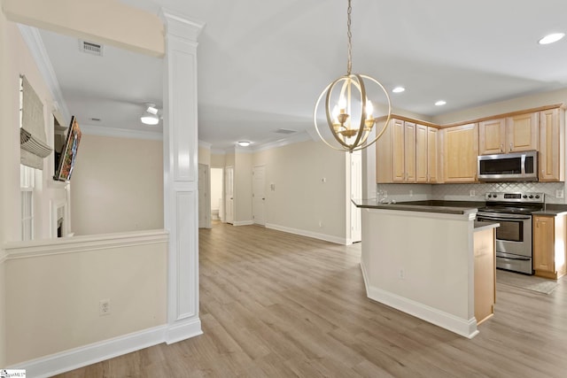 kitchen with appliances with stainless steel finishes, decorative columns, hanging light fixtures, light hardwood / wood-style floors, and light brown cabinets