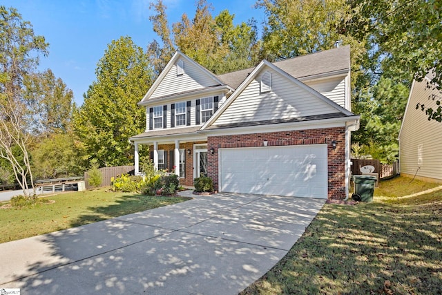 view of property featuring covered porch and a front lawn