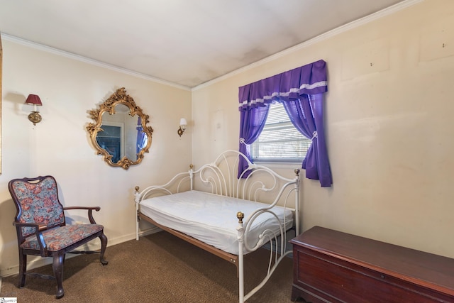 carpeted bedroom with crown molding