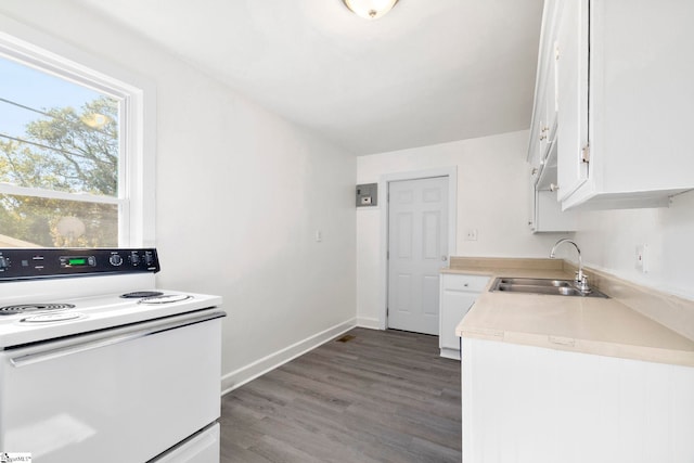 kitchen featuring white electric range, sink, dark hardwood / wood-style floors, and white cabinets