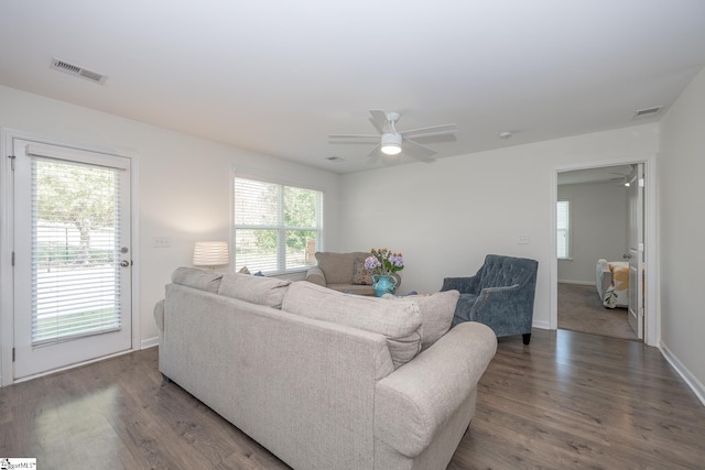 living room with ceiling fan and wood-type flooring