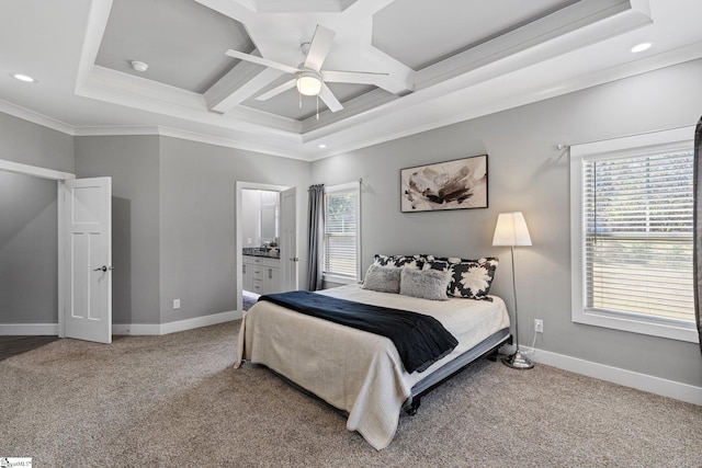 bedroom with ceiling fan, ornamental molding, multiple windows, and ensuite bath