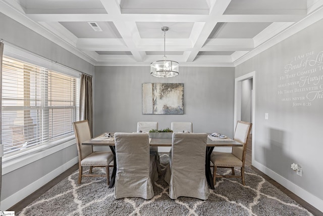 dining area featuring a notable chandelier, coffered ceiling, beamed ceiling, and dark hardwood / wood-style floors