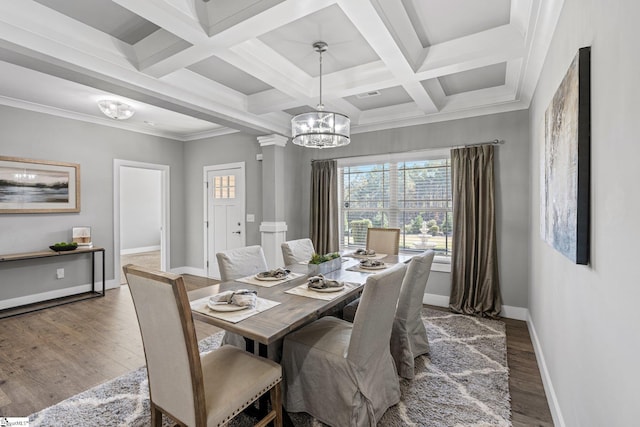 dining room with crown molding, dark hardwood / wood-style flooring, ornate columns, coffered ceiling, and beam ceiling