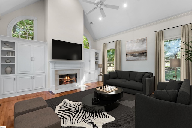 living room featuring light hardwood / wood-style flooring, a healthy amount of sunlight, high vaulted ceiling, and a tile fireplace