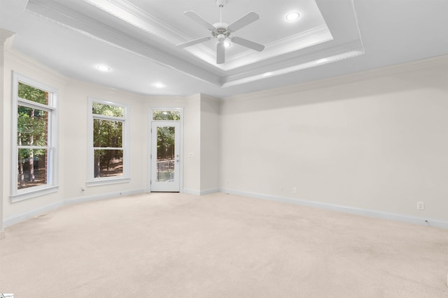 carpeted spare room featuring ceiling fan, ornamental molding, and a tray ceiling