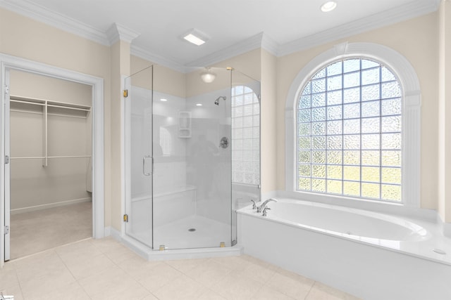 bathroom featuring crown molding, tile patterned floors, and plus walk in shower