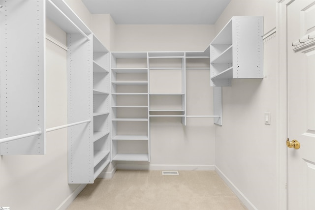 walk in closet with light carpet