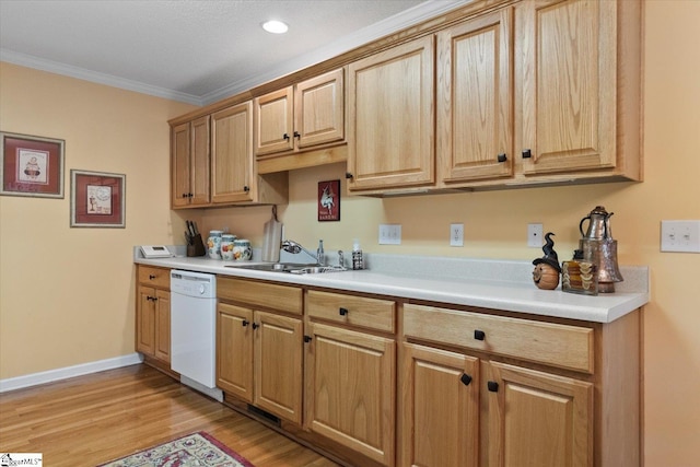 kitchen with light hardwood / wood-style flooring, crown molding, dishwasher, and sink