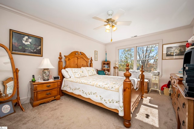 bedroom with light carpet, ceiling fan, and ornamental molding