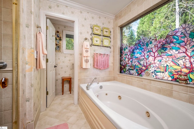 bathroom featuring a tub and ornamental molding