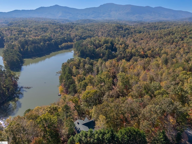 bird's eye view featuring a water and mountain view