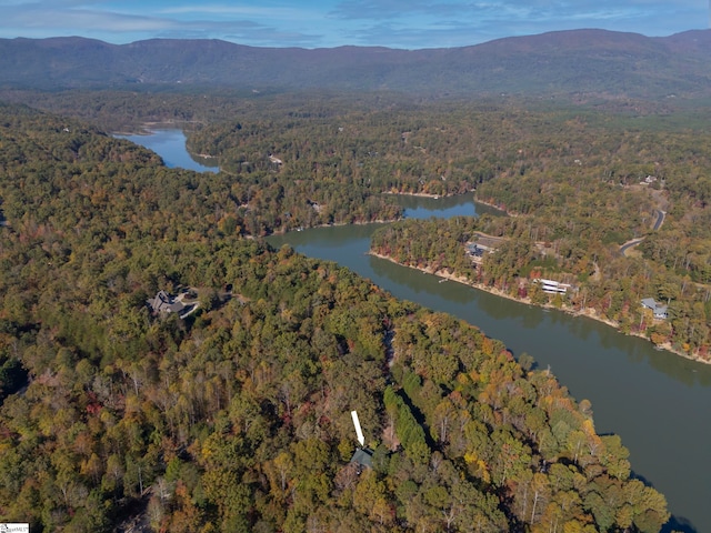 bird's eye view featuring a water and mountain view