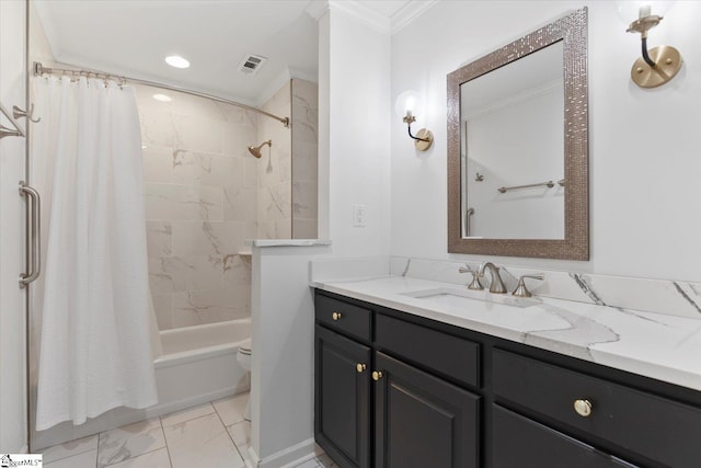 full bathroom featuring vanity, ornamental molding, toilet, and shower / bathtub combination with curtain