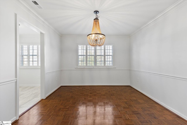 empty room featuring an inviting chandelier, ornamental molding, and dark parquet floors