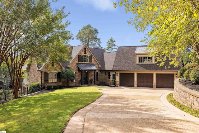 view of front of home with a garage and a front lawn