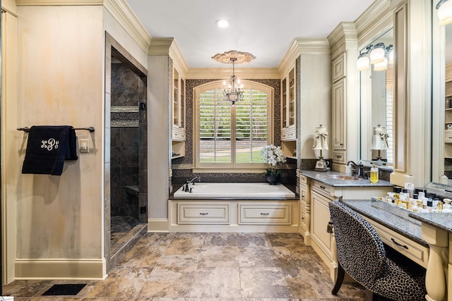 bathroom featuring vanity, independent shower and bath, an inviting chandelier, and ornamental molding