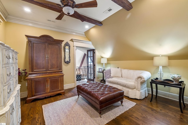 living room featuring dark wood-type flooring, vaulted ceiling with beams, crown molding, and ceiling fan